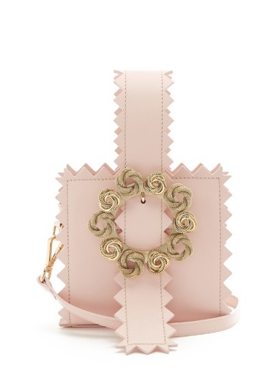 JACQUEMUS Le Sac Gitan zigzag-edged leather clutch bag ~ small pink square handbags ~ ornate round buckle & wristlet bags