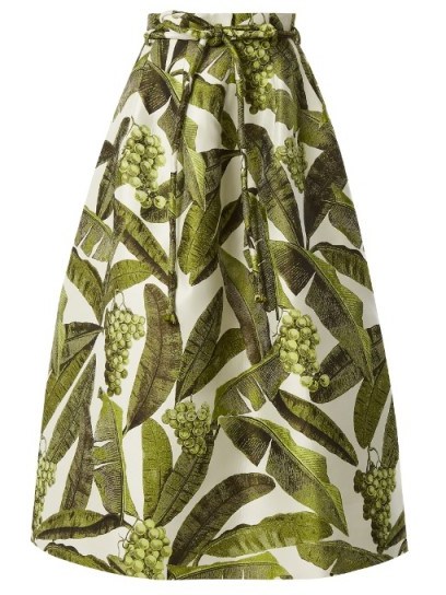 OSCAR DE LA RENTA Leaf-jacquard midi skirt ~ green leaf print skirts - flipped