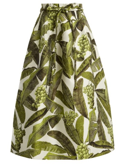 OSCAR DE LA RENTA Leaf-jacquard midi skirt ~ green leaf print skirts
