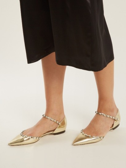 JIMMY CHOO Leema faux pearl-embellished leather flats ~ metallic gold flat shoes ~ luxe footwear