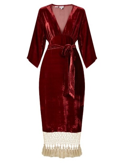 RHODE RESORT Leonard tassel-hem velvet dress ~ red plunging dresses ~ luxe style fashion - flipped