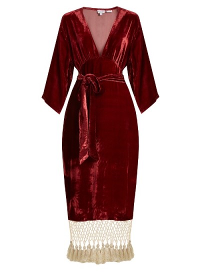 RHODE RESORT Leonard tassel-hem velvet dress ~ red plunging dresses ~ luxe style fashion