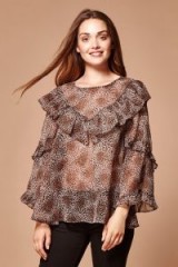 Yumi Leopard Printed Ruffle Top – sheer animal print tops – ruffle trim blouses