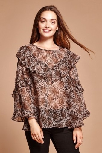 Yumi Leopard Printed Ruffle Top – sheer animal print tops – ruffle trim blouses - flipped