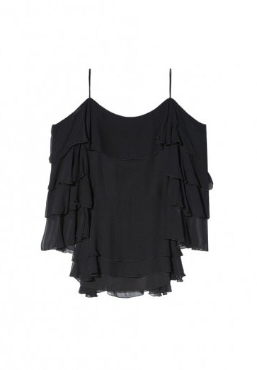 Alice + Olivia LEXIA LAYERED RUFFLE COLD SHOULDER TOP | black strappy ruffled tops - flipped