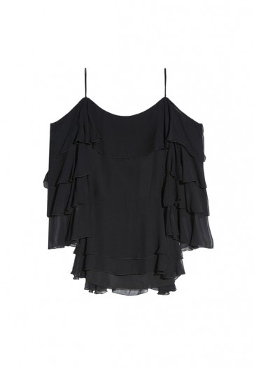 Alice + Olivia LEXIA LAYERED RUFFLE COLD SHOULDER TOP | black strappy ruffled tops