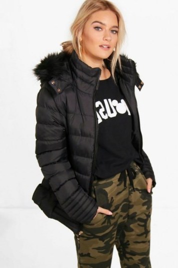 boohoo Libby Quilted Faux Fur Trim Jacket ~ black hooded jackets - flipped
