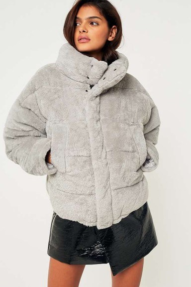 Light Before Dark Grey Teddy Puffer Jacket / stylish grey funnel neck jackets - flipped