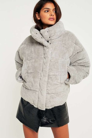 Light Before Dark Grey Teddy Puffer Jacket / stylish grey funnel neck jackets