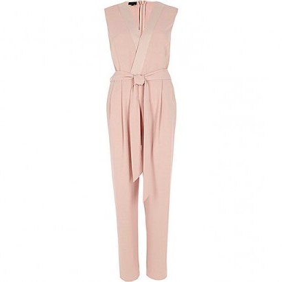 River Island Light pink belted tailored jumpsuit – sleeveless jumpsuits - flipped