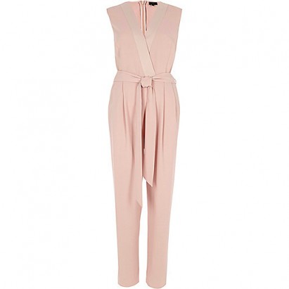 River Island Light pink belted tailored jumpsuit – sleeveless jumpsuits