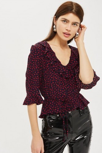Topshop Lips Print Frill Blouse | navy frilled blouses - flipped