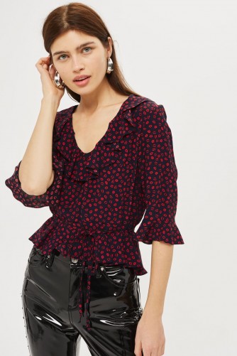 Topshop Lips Print Frill Blouse | navy frilled blouses