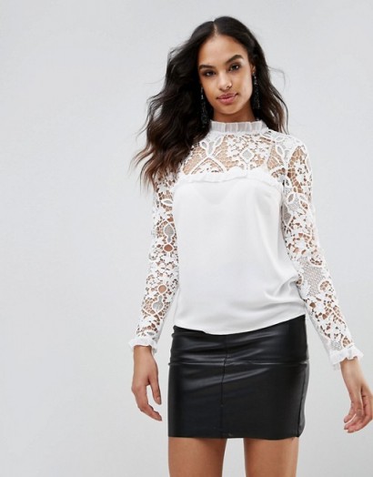 Lipsy Lace Sleeve Frill Detail Blouse | ivory blouses