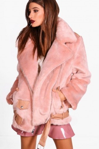 boohoo Lottie Boutique Oversized Faux Fur Aviator ~ pink jackets - flipped