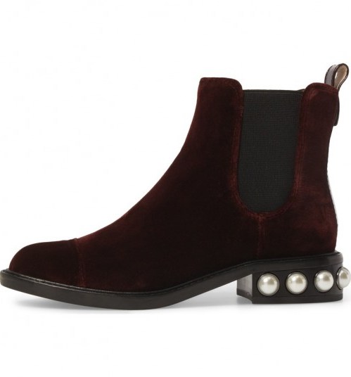 Louise et Cie Vinn Imitation Pearl Boot | oxblood-red velvet Chelsea boots | embellished winter footwear - flipped