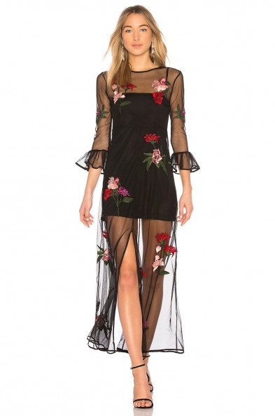 Lovers + Friends TALLON EMBROIDERED MAXI | sheer black floral dress | front slit, ruffled cuff dresses - flipped