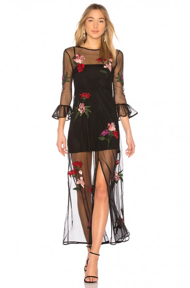 Lovers + Friends TALLON EMBROIDERED MAXI | sheer black floral dress | front slit, ruffled cuff dresses