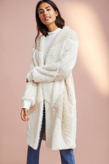 Anthropologie Mackie Faux Fur Patched Robe / fluffy ivory rib knit robes/coats