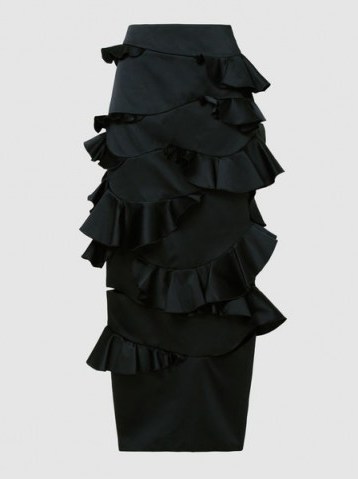 MAISON RABIH KAYROUZ‎ Ruffle Satin Midi Skirt ~ long black ruffled skirts ~ chic fashion - flipped