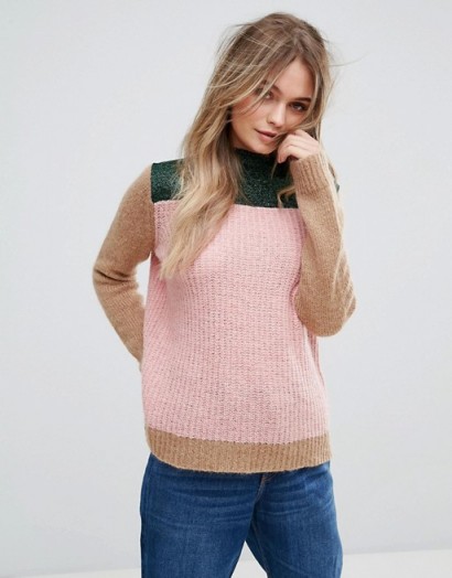 Maison Scotch Colour Blocked High Neck Knit In A Mix Of Yarns – stylish winter knitwear