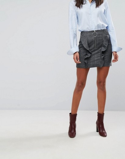 Mango Ruffle And Ring Pull Front Mini Skirt | ruffled check print skirts