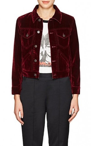 MARC JACOBS Velvet-Flocked Cotton-Blend Denim Jacket ~ burgundy jackets ~ casual luxe - flipped