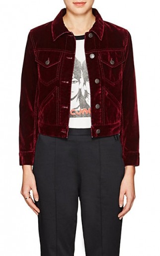 MARC JACOBS Velvet-Flocked Cotton-Blend Denim Jacket ~ burgundy jackets ~ casual luxe