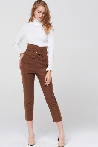 STORETS Marcia Belted High Waist Pants | brown cropped trousers - flipped