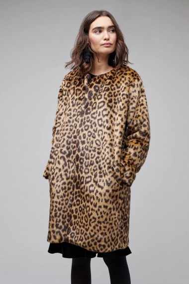 Just Female Marlon Leopard Faux Fur Coat | collarless animal print coats - flipped