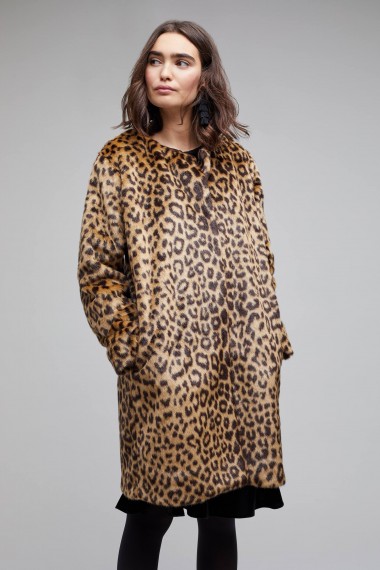Just Female Marlon Leopard Faux Fur Coat | collarless animal print coats
