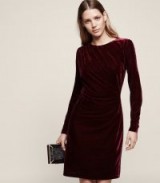REISS MATTY VELVET DRAPE-DETAIL DRESS MERLOT ~ dark red luxe style evening dresses