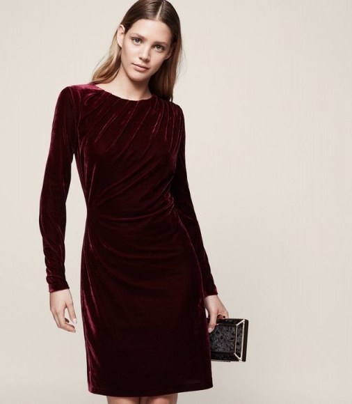 REISS MATTY VELVET DRAPE-DETAIL DRESS MERLOT ~ dark red luxe style evening dresses - flipped