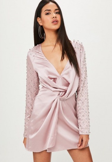 MISSGUIDED mauve diamante sleeve shift dress | silky bling dresses - flipped