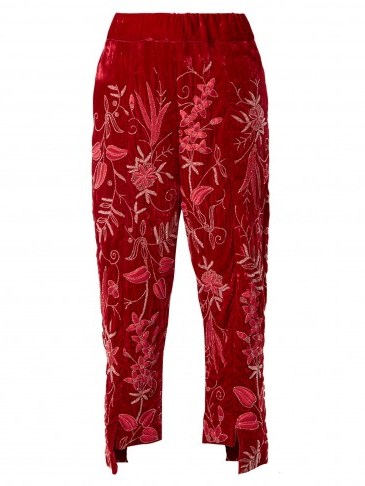 BY WALID Meera floral-embroidered silk-velvet trousers ~ red embellished pants - flipped
