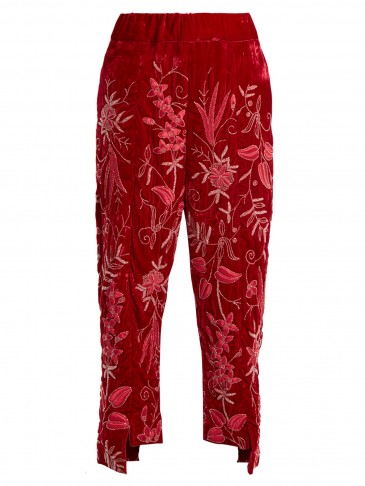 BY WALID Meera floral-embroidered silk-velvet trousers ~ red embellished pants