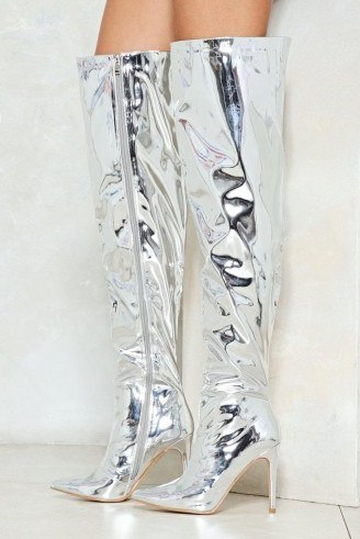 NASTY GAL Message from the Stars Over-the-Knee Boot / metallic silver boots - flipped