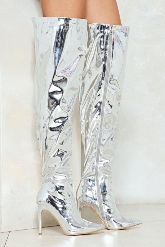 NASTY GAL Message from the Stars Over-the-Knee Boot / metallic silver boots
