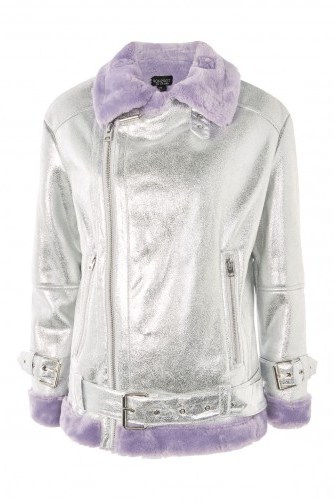 Topshop Metallic Faux Fur Biker Jacket / shiny silver & lilac jackets - flipped