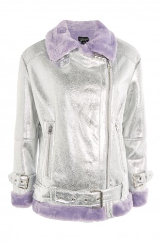 Topshop Metallic Faux Fur Biker Jacket / shiny silver & lilac jackets