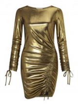 Miss Selfridge Metallic Roxy Ruched Bodycon Dress / shiny gold 80s style party dresses / vintage look fashion