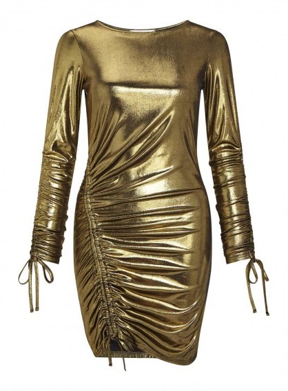 Miss Selfridge Metallic Roxy Ruched Bodycon Dress / shiny gold 80s style party dresses / vintage look fashion - flipped