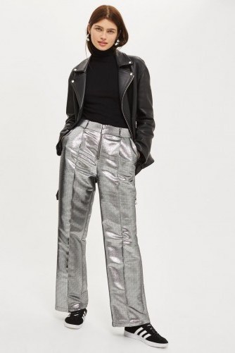 Topshop Metallic Wide Leg Trousers | silver pants - flipped