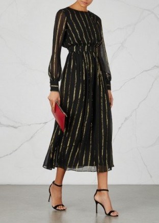 DHELA Metallic-weave stretch silk chiffon dress ~ black V-back evening dresses - flipped
