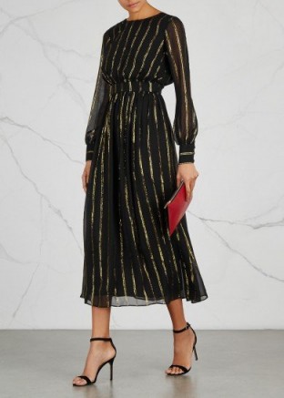 DHELA Metallic-weave stretch silk chiffon dress ~ black V-back evening dresses