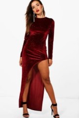 boohoo Millie Glitter Thigh Split Maxi Dress ~ affordable luxe style evening dresses ~ berry-red fashion