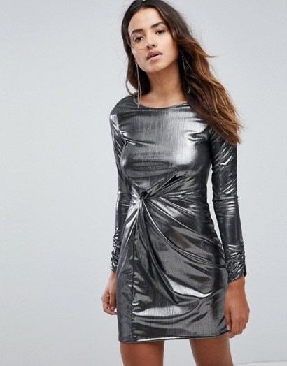Miss Selfridge Knot Front Foil Mini Dress / silver metallic dresses - flipped
