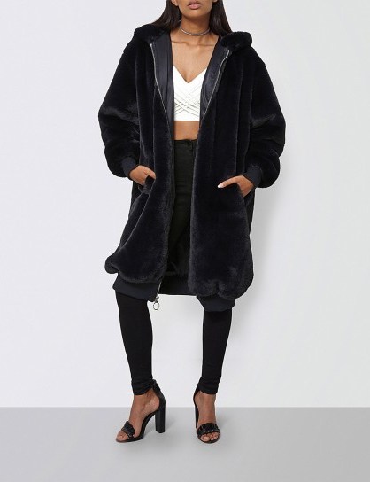 MISSGUIDED Hooded longline faux-fur bomber jacket – long navy winter jackets - flipped