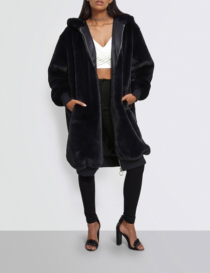 MISSGUIDED Hooded longline faux-fur bomber jacket – long navy winter jackets