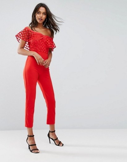 Missguided Frill Lace Bodice Jumpsuit – red bardot jumpsuits – off the shoulder party fashion - flipped